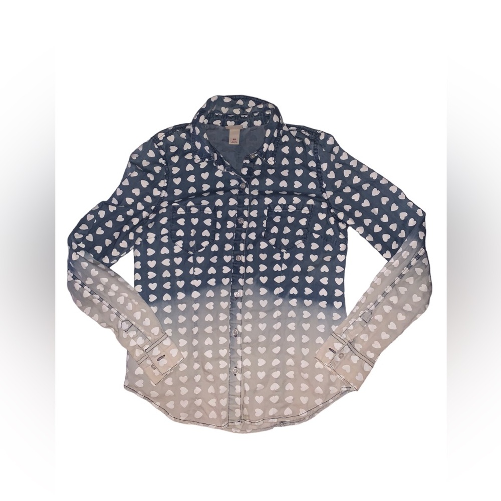 Mossimo Supply Co. Blue and White Heart Dip-Dye Ombré Cotton Button-Down Shirt - Picture 3 of 7